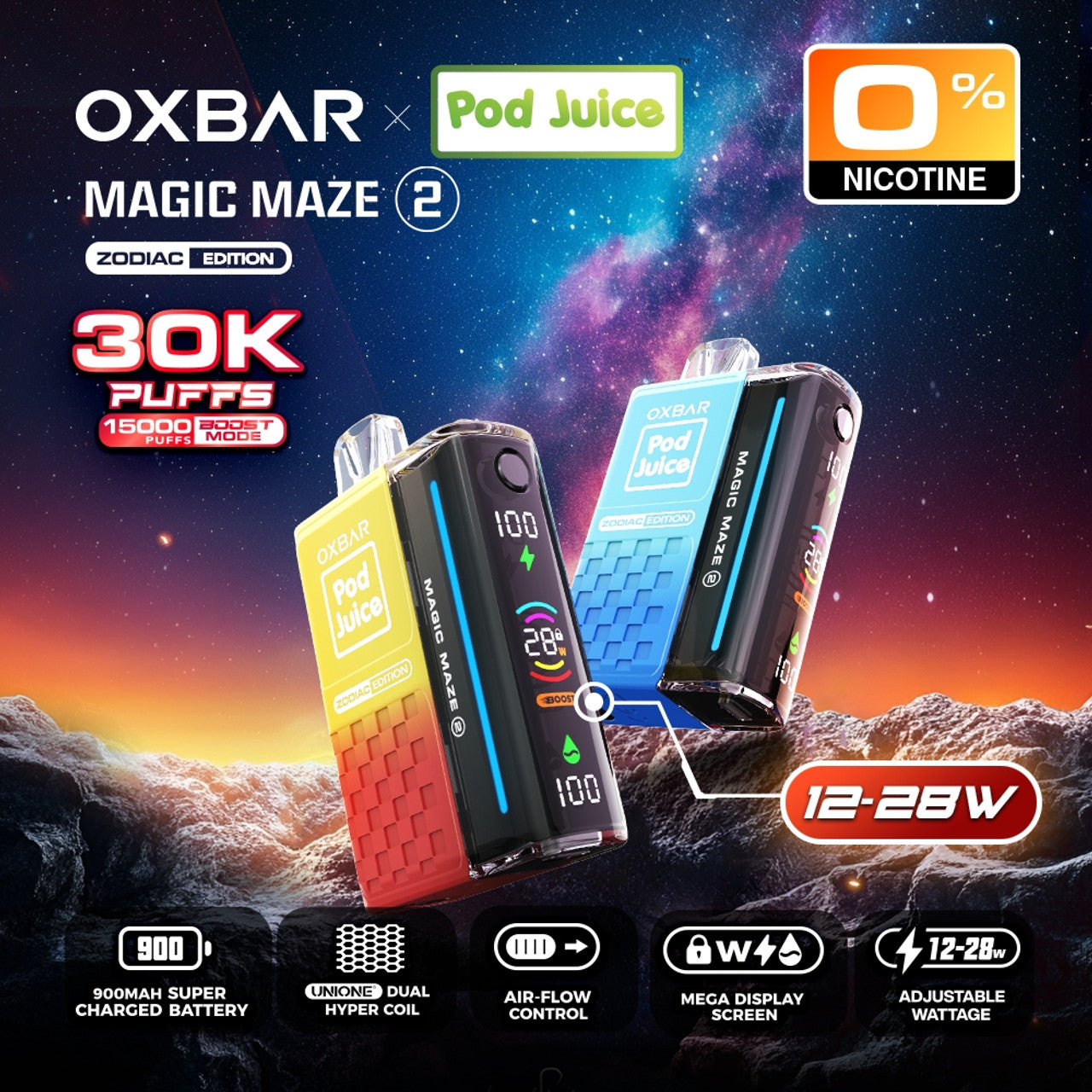 OXBAR Pod Juice vaping device with colorful design on a space-themed background