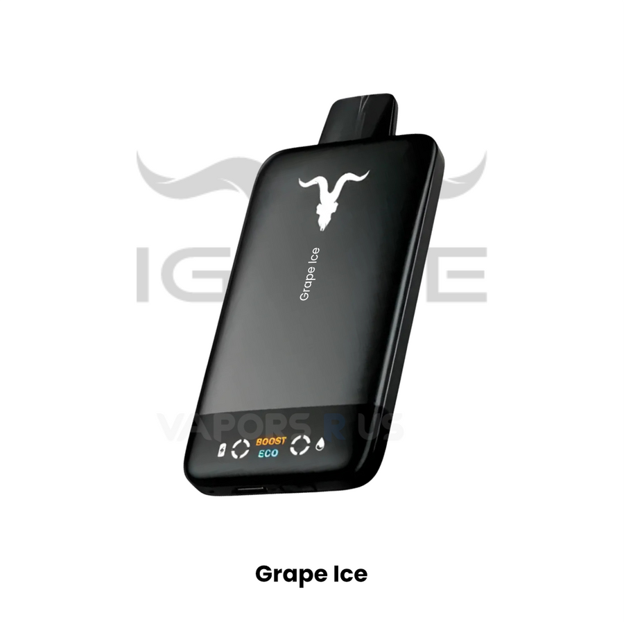 Black vape device with 'Grape Ice' flavor on a white background