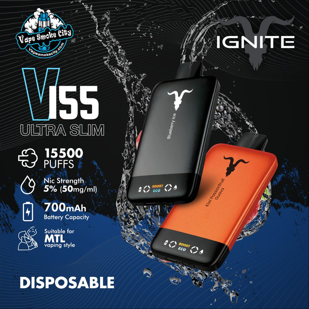 Disposable vape device with branding and specifications on a dynamic background