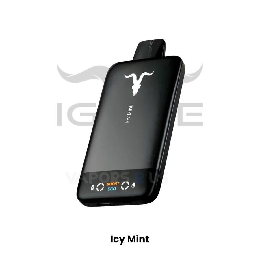 Black vape device with 'Icy Mint' branding on a white background