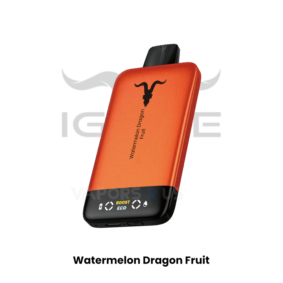 Orange vape device with 'Watermelon Dragon Fruit' flavor on a white background