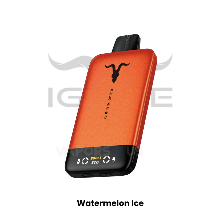 Orange vape device with 'Watermelon Ice' flavor on a white background