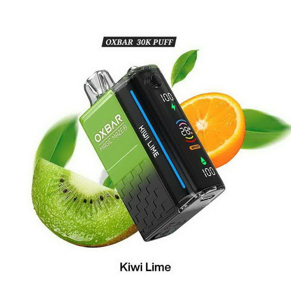 OXBAR vape device with kiwi and lime slices and an orange on a white background