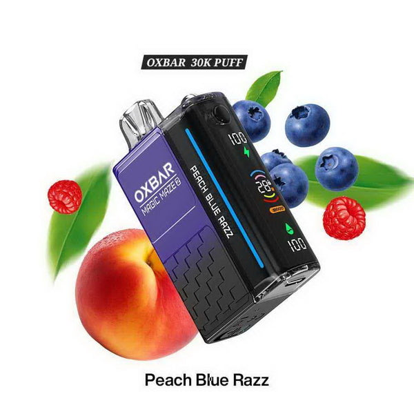 OXBAR vape device with peach, blueberry, and raspberry graphics on a white background