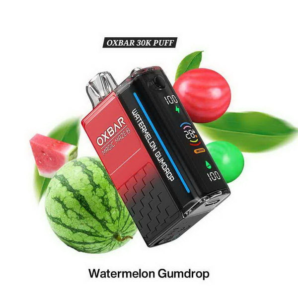 OXBAR vape device with watermelon and gumdrop graphics on a white background