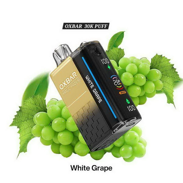 OXBAR vape device with green grapes and leaves on a white background