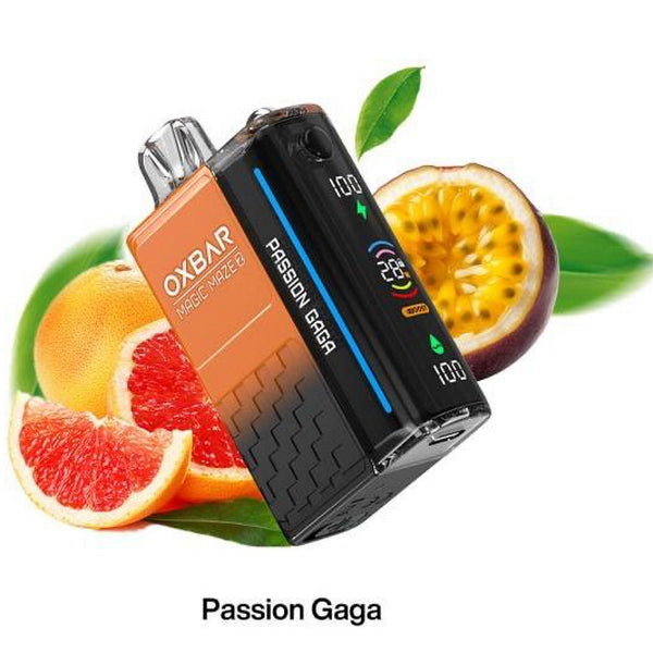 OXBAR vape device with 'Passion Gaga' flavor on a background of citrus fruits and leaves