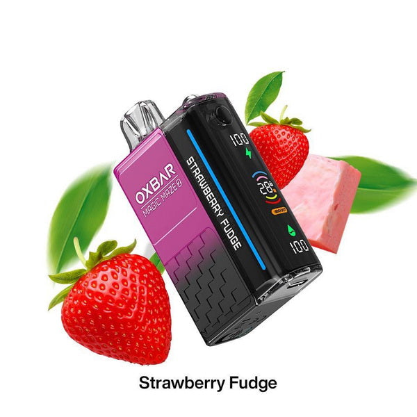 OXBAR vape device with strawberry fudge flavor text, surrounded by strawberries and pink candy on a white background
